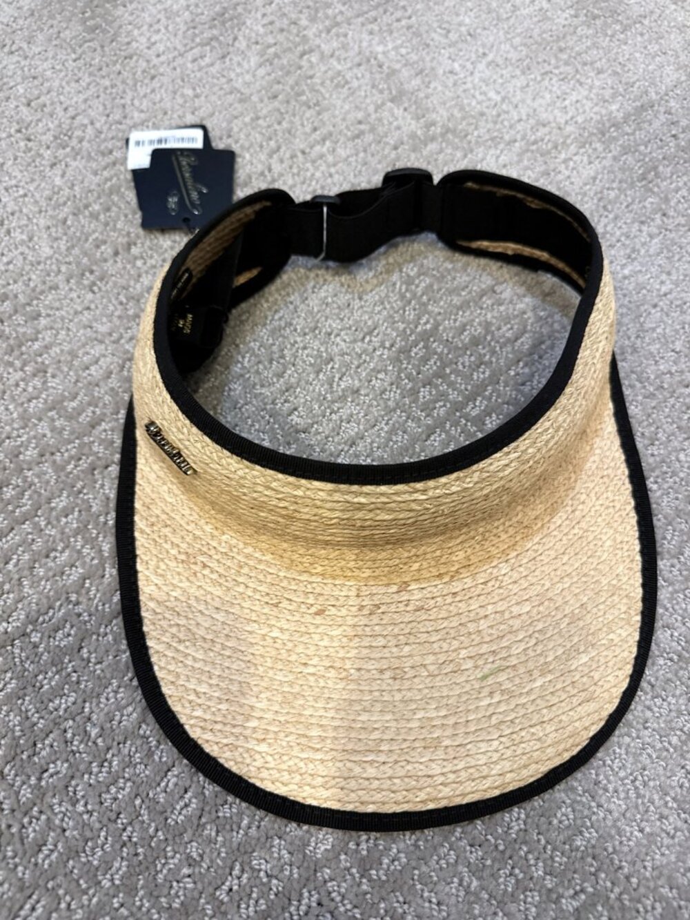 NWT Borsalino Jenny Braided Raffia Straw Visor Black Trim One Size Italy
